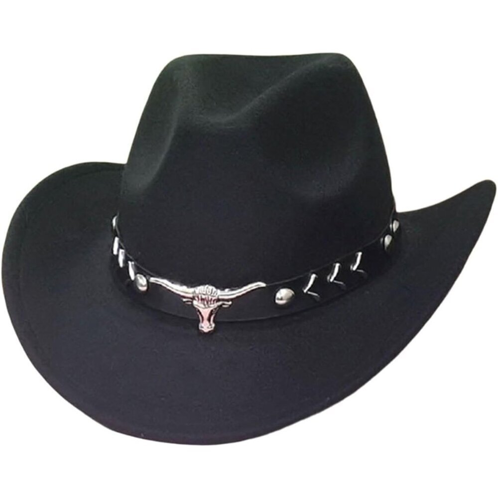 Unisex Black 100% Polyester Bull Skull Band Classic Fedora Cowboy Felt Hat